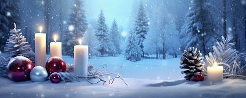 ai genererad vinter- skog landskap med brinnande ljus jul dekoration. ai genererad foto