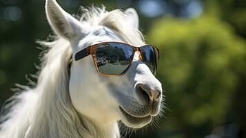 ai genererad rolig häst i solglasögon mot en naturlig bakgrund foto