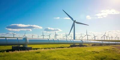 ai genererad väte rörledning och vind turbiner i grön fält, elektricitet produktion, grön energi begrepp foto