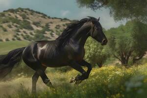 ai genererad ung brun häst galopperande, Hoppar på de fält på en neutral bakgrund. neuralt nätverk ai genererad foto