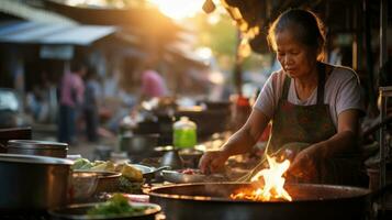 ai genererad thai kvinna matlagning mat på de gata. asiatisk thai lokal- gata mat foto