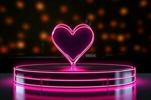ai genererad kärlek skede neon hjärta konturer, rosa podium på mörk bakgrund foto