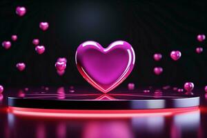 ai genererad valentines strålglans neon hjärtan, rosa podium mot mörk reflekterande bakgrund foto