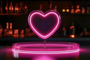 ai genererad kärlek skede neon hjärta konturer, rosa podium på mörk bakgrund foto
