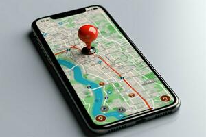 ai genererad mobil kartläggning 3d framställa av smartphone med röd Karta pekare foto