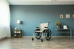 ai genererad tömma rum enkelhet rullstol placerad i en ledig Plats foto