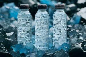 ai genererad kyld förfriskning vatten flaska presenteras på en säng av is foto