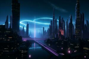 ai genererad förtjusande sci fi stadsbild, 3d återges med bländande cyberpunk estetik foto