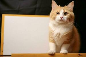 ai genererad lekfull sällskapsdjur katt med tom whiteboard, skapande en söt, älskvärd scen foto