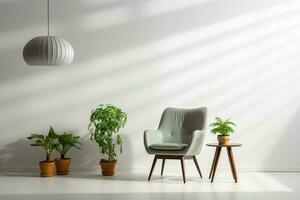 ai genererad elegans i enkelhet stol, lampa, grön växt på vit bakgrund foto
