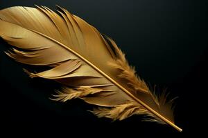 ai genererad sofistikerad design gyllene fjädrar på svart bakgrund, perfekt för branding foto
