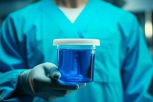 ai genererad medicinsk vård läkare i blå enhetlig innehar tömma urin behållare foto