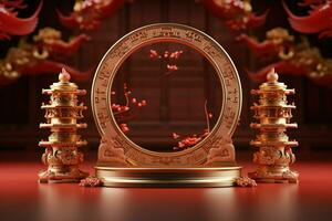 ai genererad elegant 3d podium kinesisk ny år, festivaler, mitten höst, röd guld tema foto