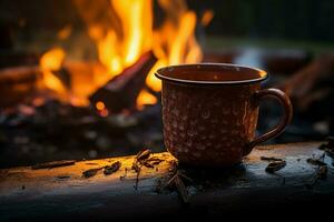 ai genererad värma kaffe kopp i norge vildmark, belyst förbi lägereld glöd foto