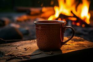 ai genererad värma kaffe kopp i norge vildmark, belyst förbi lägereld glöd foto