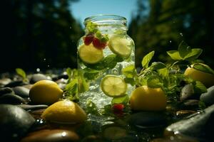 ai genererad sommar friskhet natur inspirerad dryck, mat, vatten, grön, och is foto