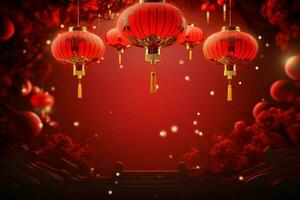 ai genererad strålnings 3d kinesisk ny år baner hängande lykta, festlig belysning foto