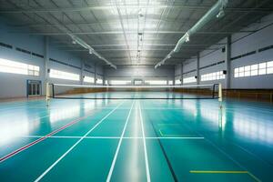 ai genererad sporter anläggning inomhus- badminton domstol designad för rekreations spela foto