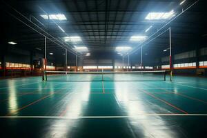ai genererad inomhus- sporter mötesplats badminton domstol designad för inomhus- rekreations aktiviteter foto