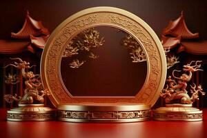 ai genererad extravagant 3d tolkning runda skede podium, kinesisk festivaler, röd guld tema foto