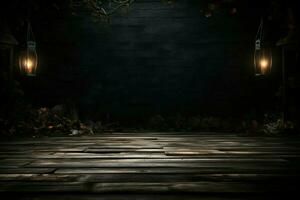 ai genererad efterhängsen halloween mörk Skräck bakgrund uppsättningar en mystisk skede med trä- plankor ai genererad foto