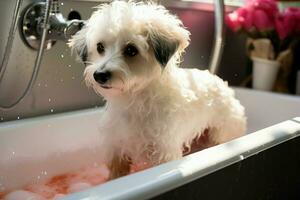 ai genererad sällskapsdjur vård groomer tvättar bichon frysa blanda i professionell salong foto