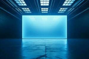 ai genererad blå utställning Plats rum med tömma duk och atmosfärisk belysning foto