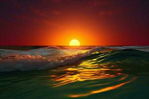 ai genererad marinmålning magi solnedgång strålar värma färger tvärs över de hav yta foto