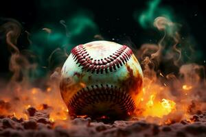 ai genererad baseboll skådespel färgrik boll poppar mot en mystisk, rökig bakgrund foto