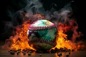 ai genererad rökig locka färgrik baseboll boll fångar uppmärksamhet mot en mystisk bakgrund foto
