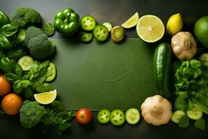 ai genererad kulinariska duk ram av färsk grön grönsaker på texturerad betong foto