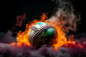 ai genererad dramatisk stil färgrik baseboll poppar mot en rökig och mystisk miljö foto