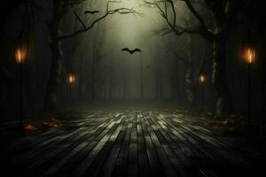 ai genererad läskigt scen mystisk halloween atmosfär med kylning trä- plankor bakgrund ai genererad foto
