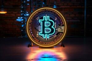 ai genererad digital valuta glöd neon lampa gjutning ljus på de bitcoin symbol foto