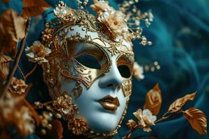 ai genererad festlig venetian karneval mask på grå bakgrund, ny år firande foto