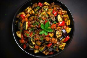 ai genererad ratatouille skål tillverkad av äggplanta, zucchini, peppar, lök och tomat foto