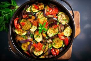 ai genererad bakad ratatouille i svart gryta. franska vegetarian mat foto