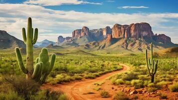 ai genererad vild väst texas öken- landskap med bergen och kaktusar. foto