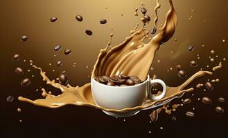 ai genererad varm flytande kaffe stänk med kaffe böna faller, 3d illustration. ai genererad foto