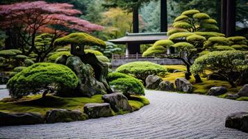 ai genererad harmoni av bonsai i zen trädgård foto