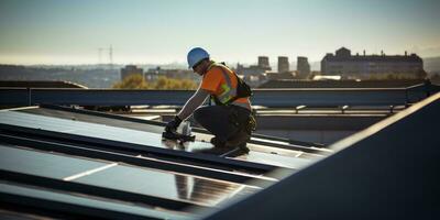 ai genererad ingenjör roll svängbar i de installation av sol- paneler på en tak, stödjande eco medveten val. foto