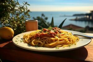 ai genererad traditionell italiensk maträtt spaghetti carbonara. foto