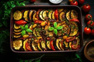 ai genererad bakad ratatouille i brun gryta. franska vegetarian mat foto