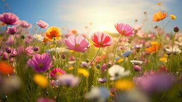 ai genererad blomma fält i solljus, vår eller sommar trädgård bakgrund foto