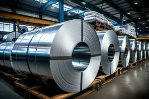 ai genererad rullar av galvaniserad stål ark inuti de fabrik eller lager. industriell produktion foto