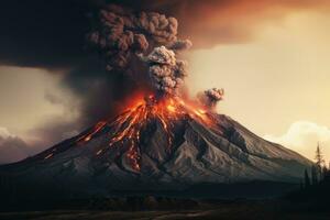 vulkan utbrott. lava löpning ner de berg. rök och brand. ai genererad foto