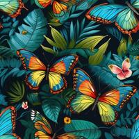 ai genererad sömlös mönster färgrik fjärilar och löv foto