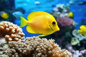 ai genererad gul tang fisk på korall rev foto