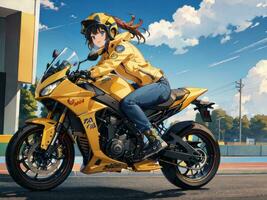 ai genererad skön gul jacka anime flicka ridning en motorcykel på gas station bakgrund foto