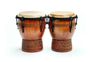 ai genererad två trä- trummor med svart remmar. bongo trummor isolerat på en vit bakgrund foto